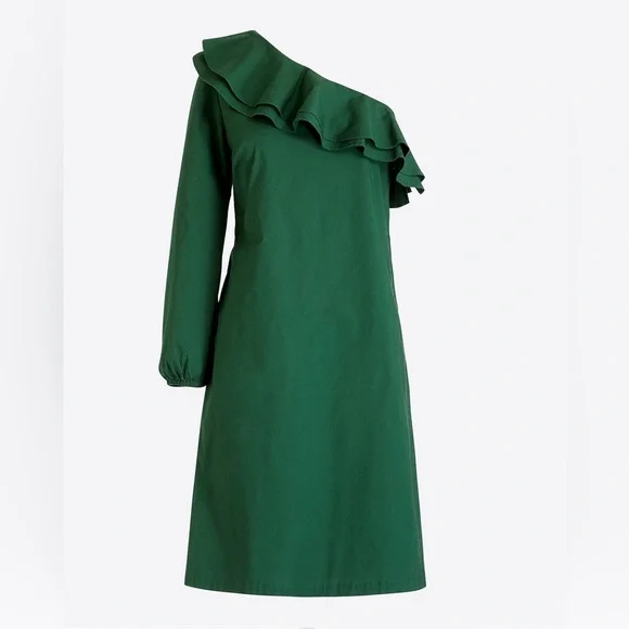 J Crew Mercantile Womens One Shoulder Ruffle Green Shift Dress Size 6 Fall Chic - Picture 2 of 10